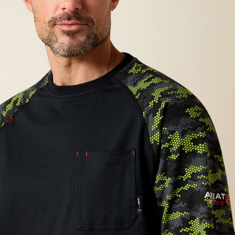 ARIAT - FR AC Stretch Camo Baseball T-Shirt. BLACK/LIME CAMO - Becker Safety and Supply