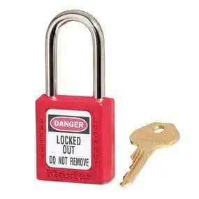 Red Zenex™ Thermoplastic Safety Padlock, 1-1/2in (38mm) Wide with 1-1/2in (38mm) Tall Shackle, Key Retaining, "DANGER - LOCKED OUT  - DO NOT REMOVE" Label on padlock - Becker Safety and Supply