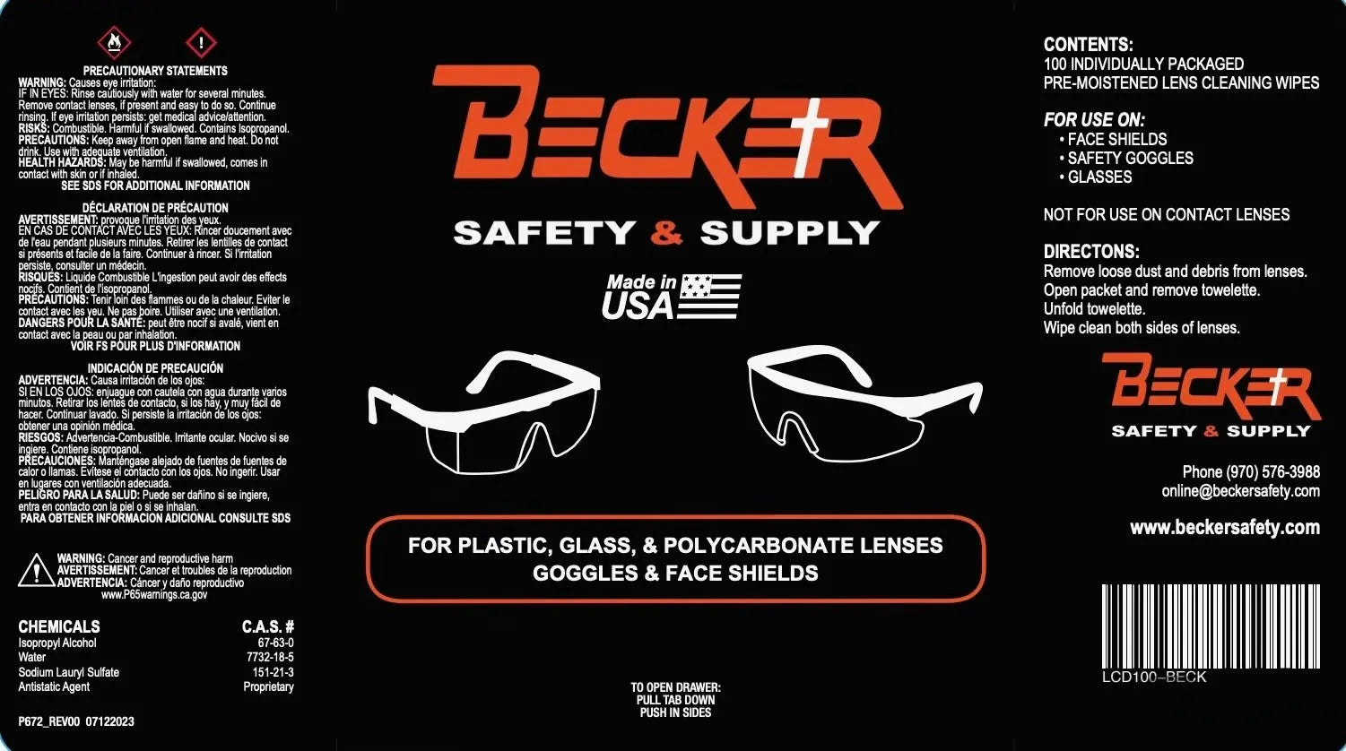BECKER SAFETY - Lens Cleaning Towelettes (BOX OF 100) Becker Safety and Supply