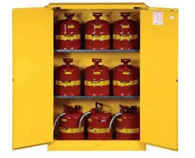 JUSTRITE - Sure-Grip EX - 45 Gallon Flammable Cabinet - 2-Door - Self Closing - Yellow - 65" x 43" x 18" - Becker Safety and Supply