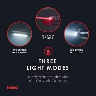 NEBO - Larry Trio   The Larry TRIO is a powerful 3-in-1 rechargeable light featuring a 200 lumen spot light, 300 lumen C‚Ä¢O‚Ä¢B work light and a red laser pointer - Becker Safety and Supply