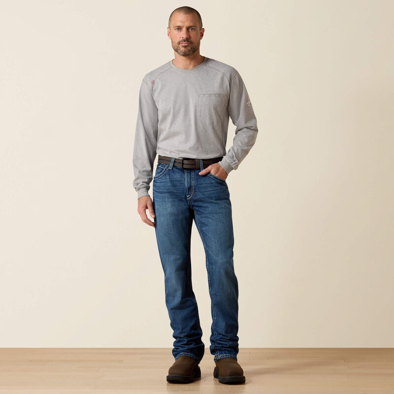 ARIAT - FR M4 Ridgeline - Glacier Wash - Boot Cut Jeans - Fashion Back Pocket - Low Rise - Relaxed Fit Waist Hip & Thigh - Becker Safety and Supply