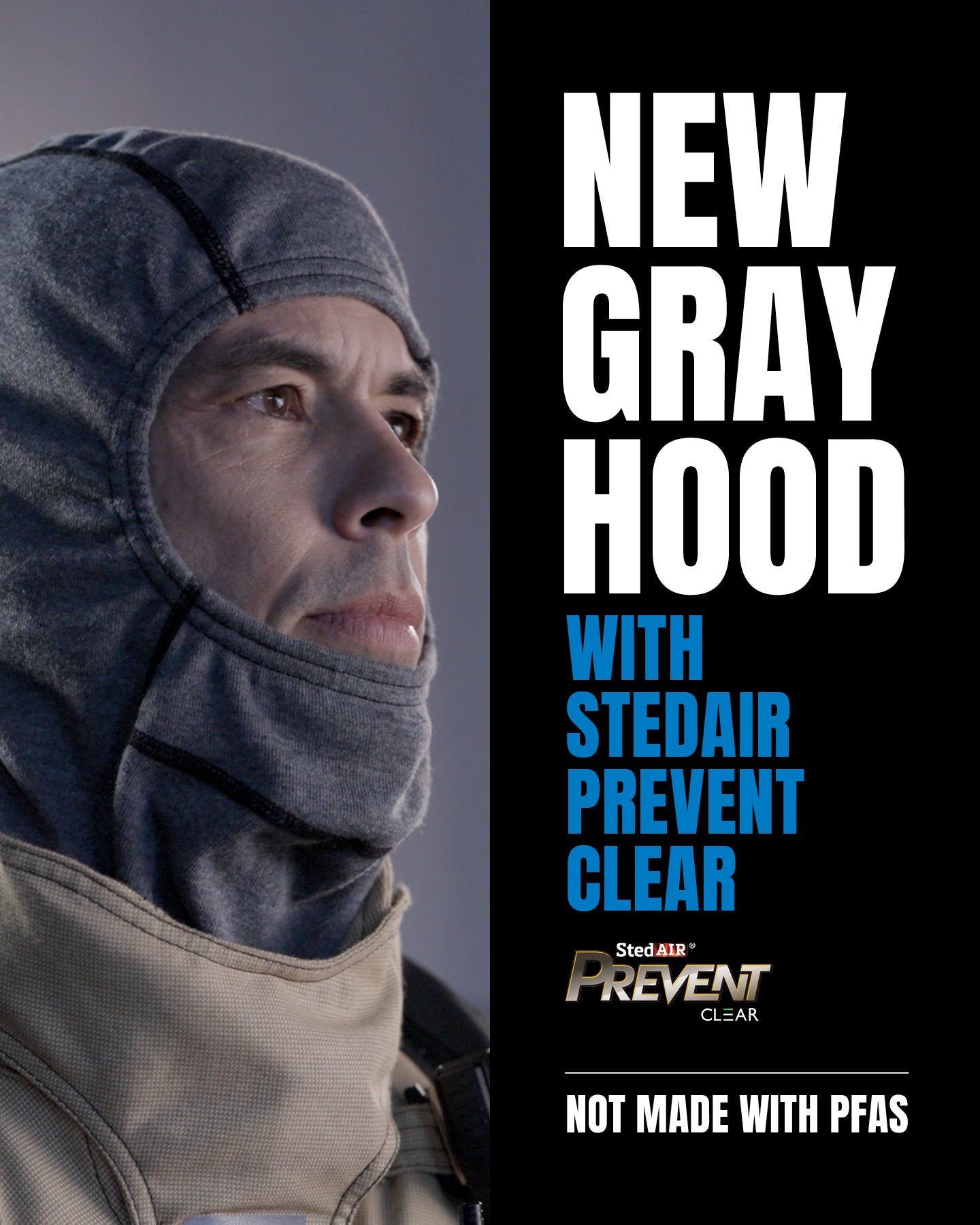 Person wearing INNOTEX Prevent Clear Hood (Gray) beside bold black ad panel reading New Gray Hood.