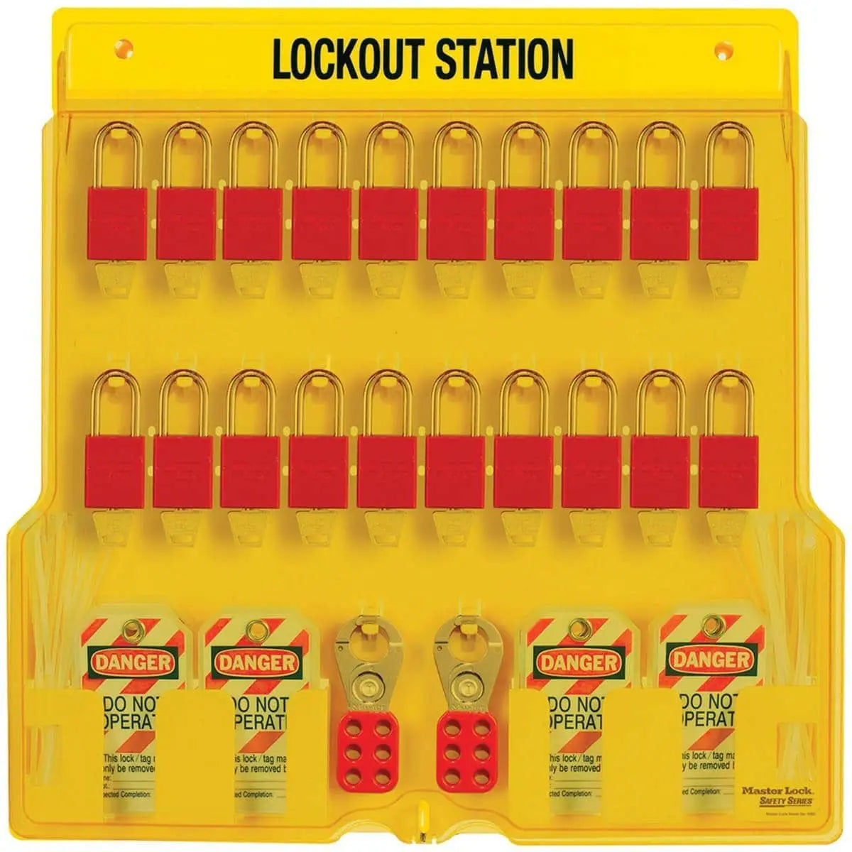 MASTER LOCK - 20-Lock Padlock Station; 20 -Padlocks (keyed differently), 4-Hasps, & 4-(12pks) Do Not Operate Tags - 22"x22"x1-3/4" - Becker Safety and Supply
