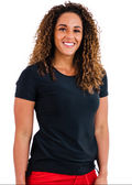 Woman wearing a black t-shirt and red pants on a white background
