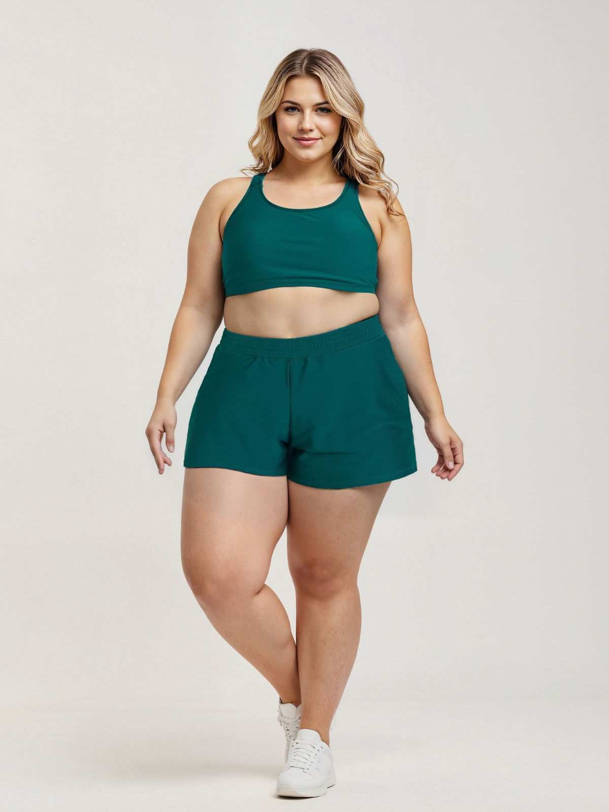 Classic Fit Swim Shorts With Panty | Plus Size in teal styled with a matching swim top on a plus size model for modest supportive and comfortable swimwear for every body