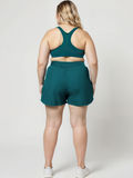 Back view of a plus size model wearing teal Classic Fit Swim Shorts With Panty | Plus Size with a supportive racerback top for comfortable size inclusive swimwear designed for every body