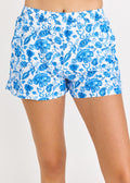 Blue floral shorts on a white background