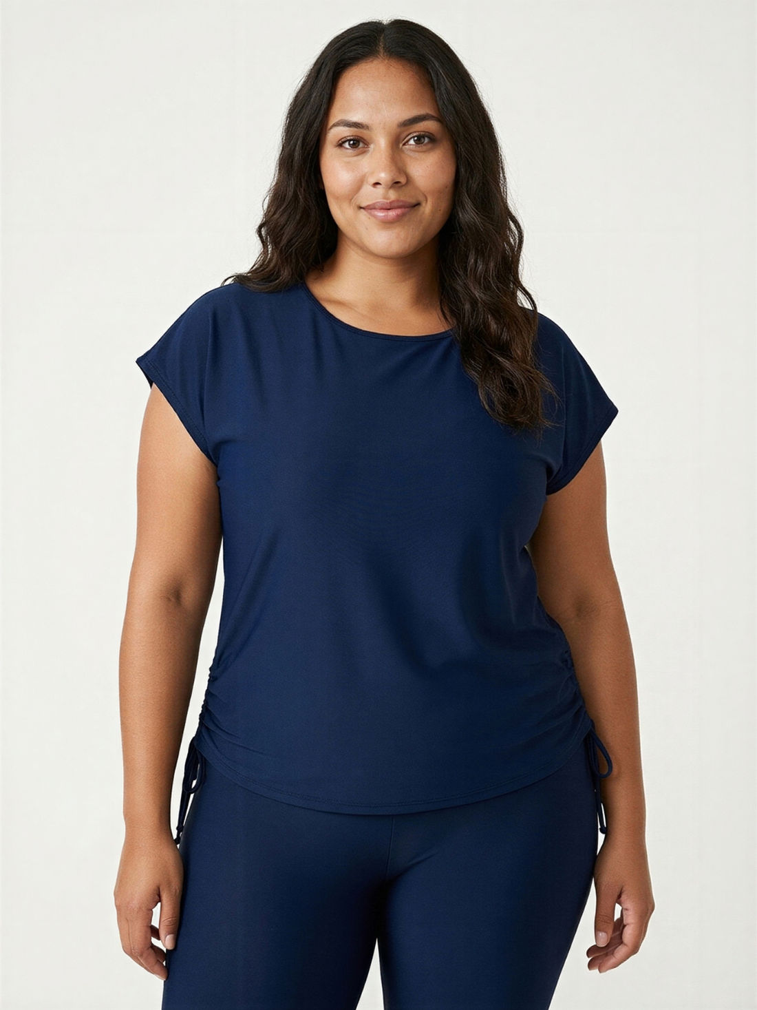 Daphne Loose Fit Swim Top | Plus Size in navy, modeled with matching swim bottoms for a comfortable, modest fit and size inclusive swimwear for every body