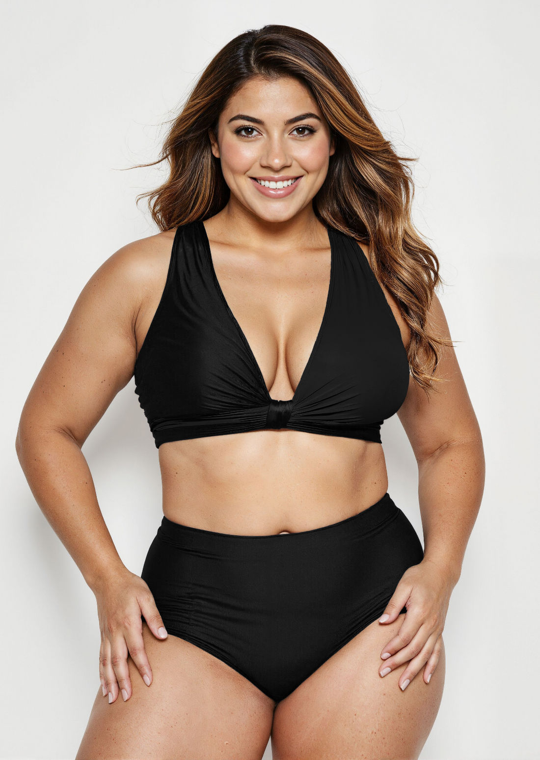 Emery 2 Piece Swim Set - Wrap Swim Top & Bikini Bottom | Plus Size, modeled in navy and sage by a woman beside a pool for supportive, comfortable swimwear