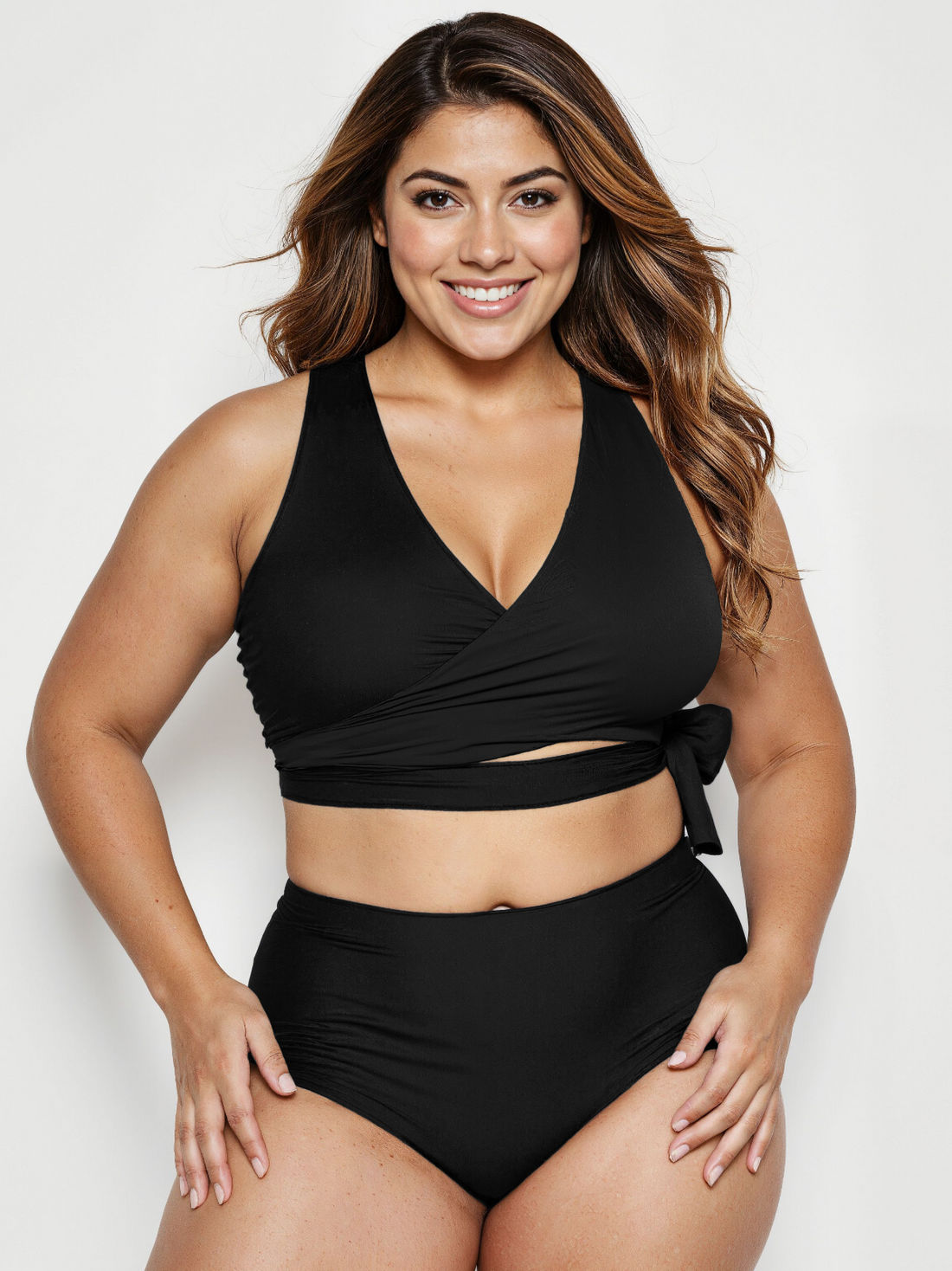 Woman wearing a two-tone bikini with a white background