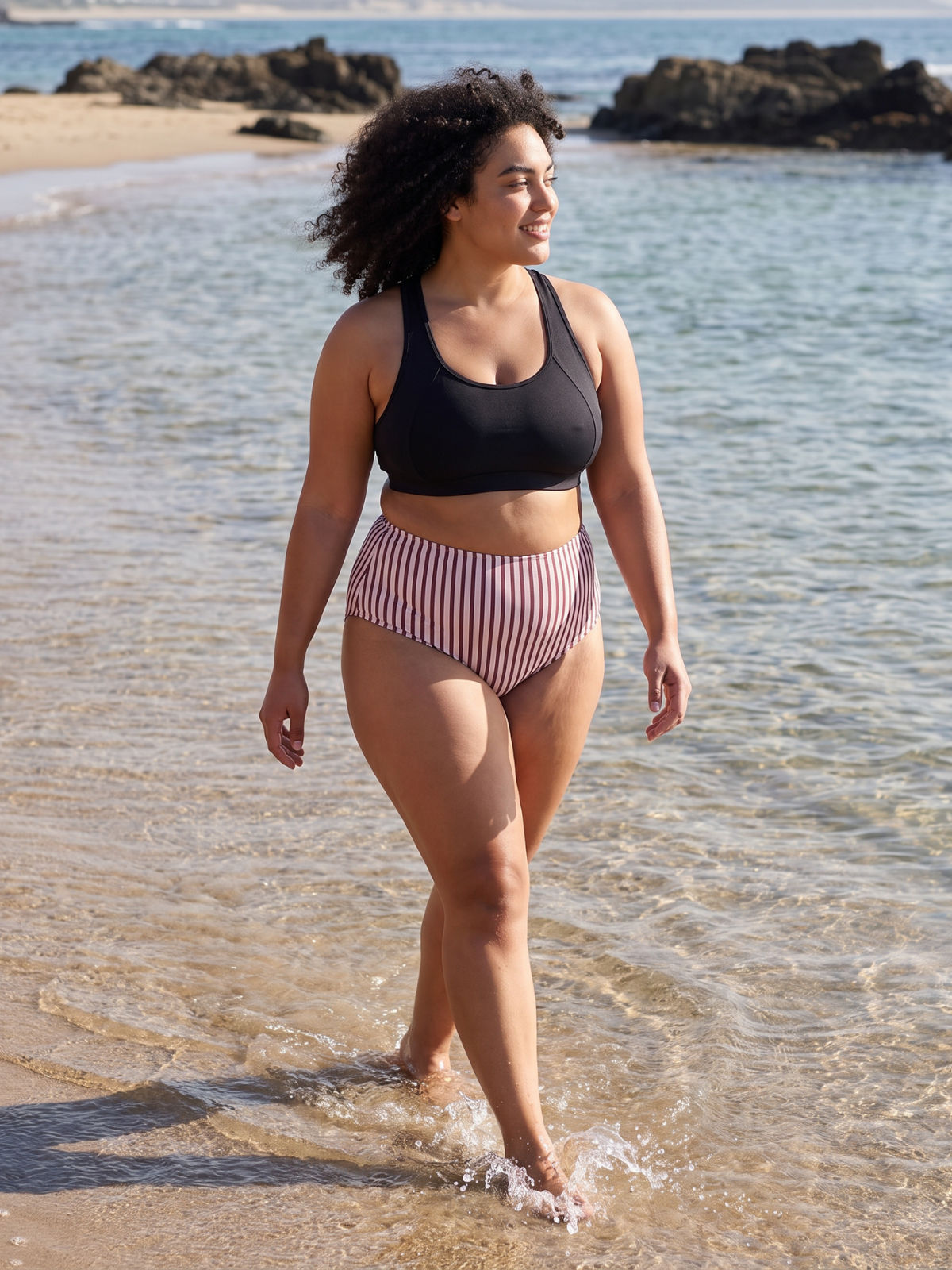 High Waisted Full Coverage Bikini Bottom | Plus Size worn by a woman walking through shallow beach water in supportive size-inclusive swimwear designed for every body