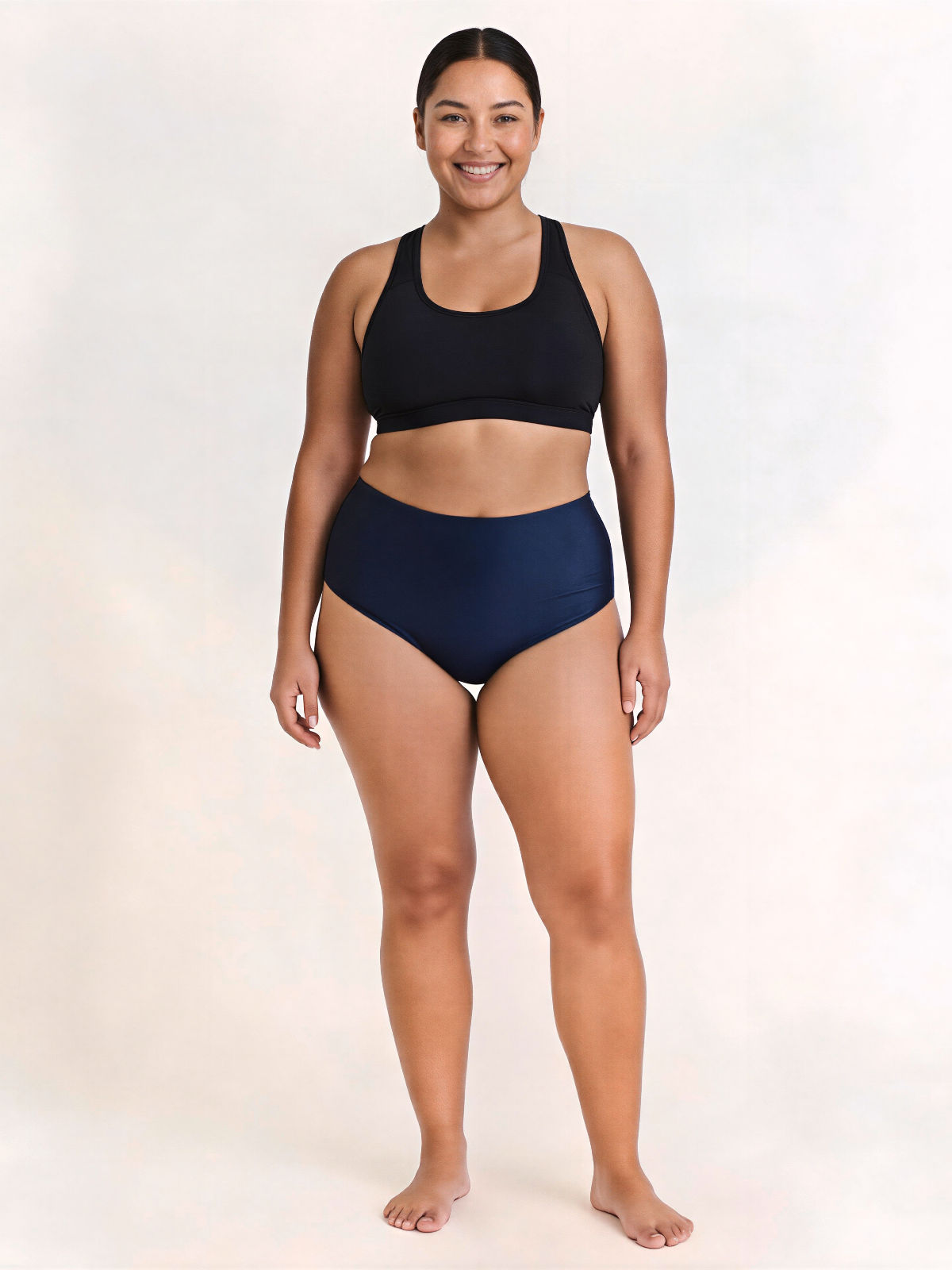 High Waisted Full Coverage Bikini Bottom | Plus Size shown on a model with a black swim top for size-inclusive modest swimwear and a comfortable fit