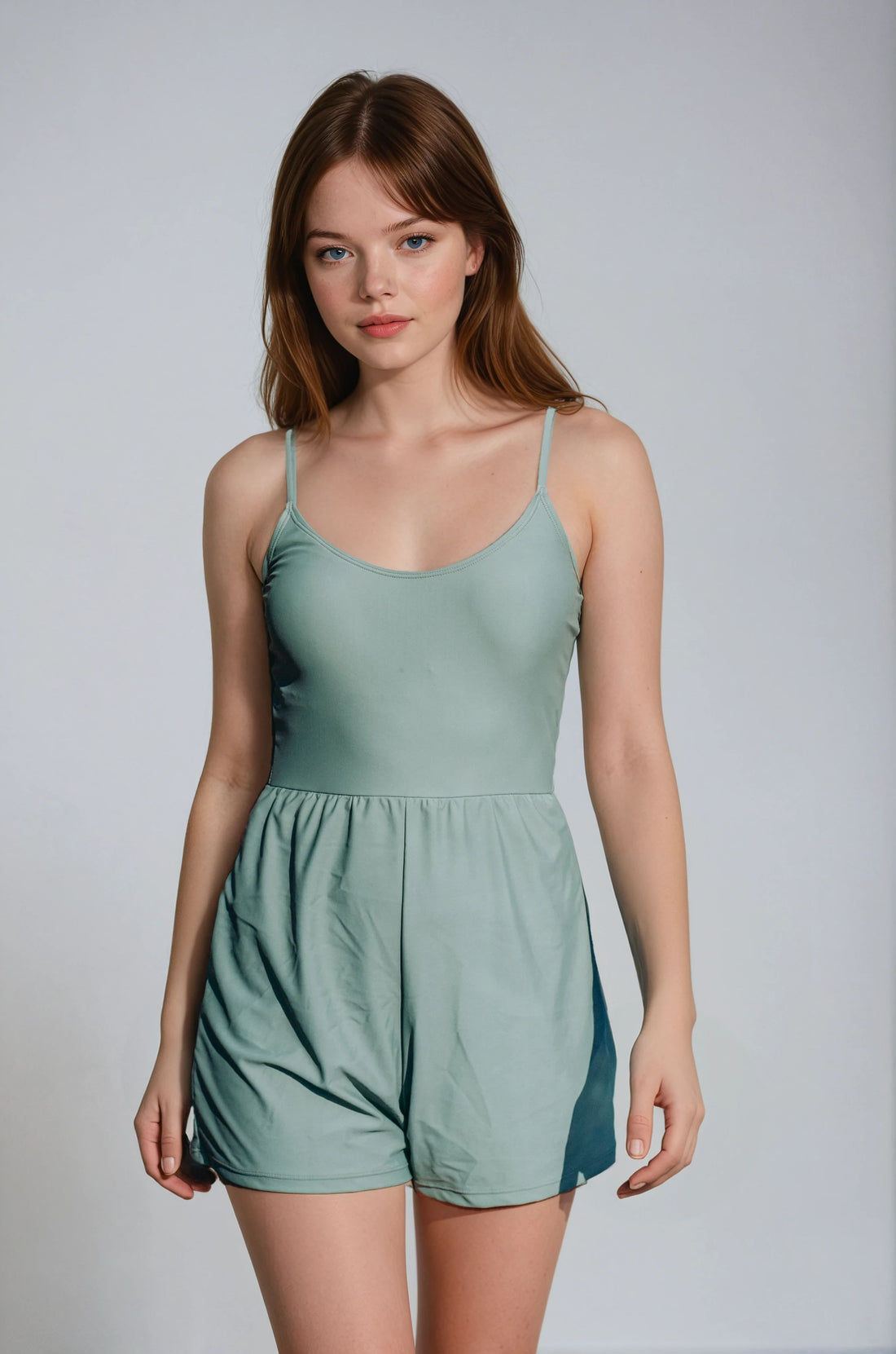 Ivy Swim Romper in brown worn by a woman on beach stairs showcasing modest size inclusive swimwear with a supportive comfortable fit for every body