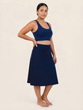 Long Swim Skort With Capri Leggings in navy modeled with a matching swim top for modest supportive swimwear and a comfortable fit for every body