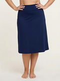 Navy Long Swim Skort With Capri Leggings | Plus Size shown on a model as modest size inclusive swimwear with a comfortable fit
