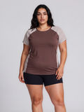 Loose Fit Adele Swim Top | Plus Size shown in brown with striped short sleeves and black shorts for a comfortable fit and size-inclusive swimwear