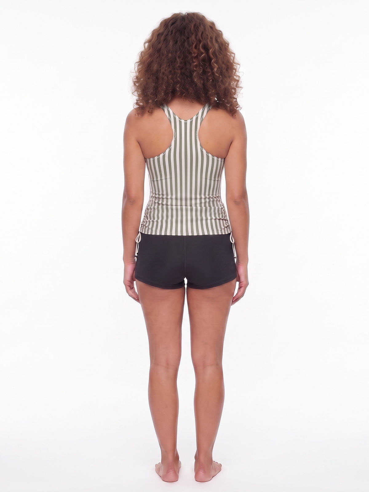 Maya Tankini Swim Top With Removable Cups shown from the back on a model featuring striped fabric and a comfortable supportive fit for every body
