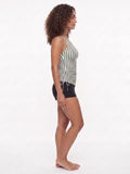 Maya Tankini Swim Top With Removable Cups on a model featuring a striped design for modest supportive swimwear and a comfortable fit for every body