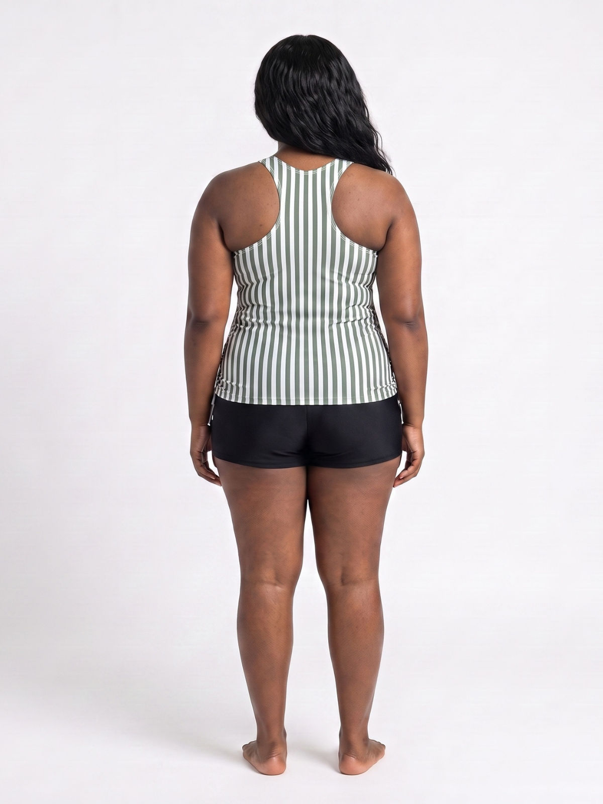 Maya Tankini Swim Top With Removable Cups | Plus Size shown from the back on a woman wearing striped size inclusive swimwear with comfortable supportive coverage