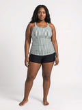 Maya Tankini Swim Top With Removable Cups | Plus Size modeled with black swim shorts for modest size-inclusive swimwear with a supportive comfortable fit