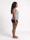 Maya Tankini Swim Top With Removable Cups | Plus Size modeled in profile, featuring a striped design and comfortable, supportive fit for size-inclusive swimwear.