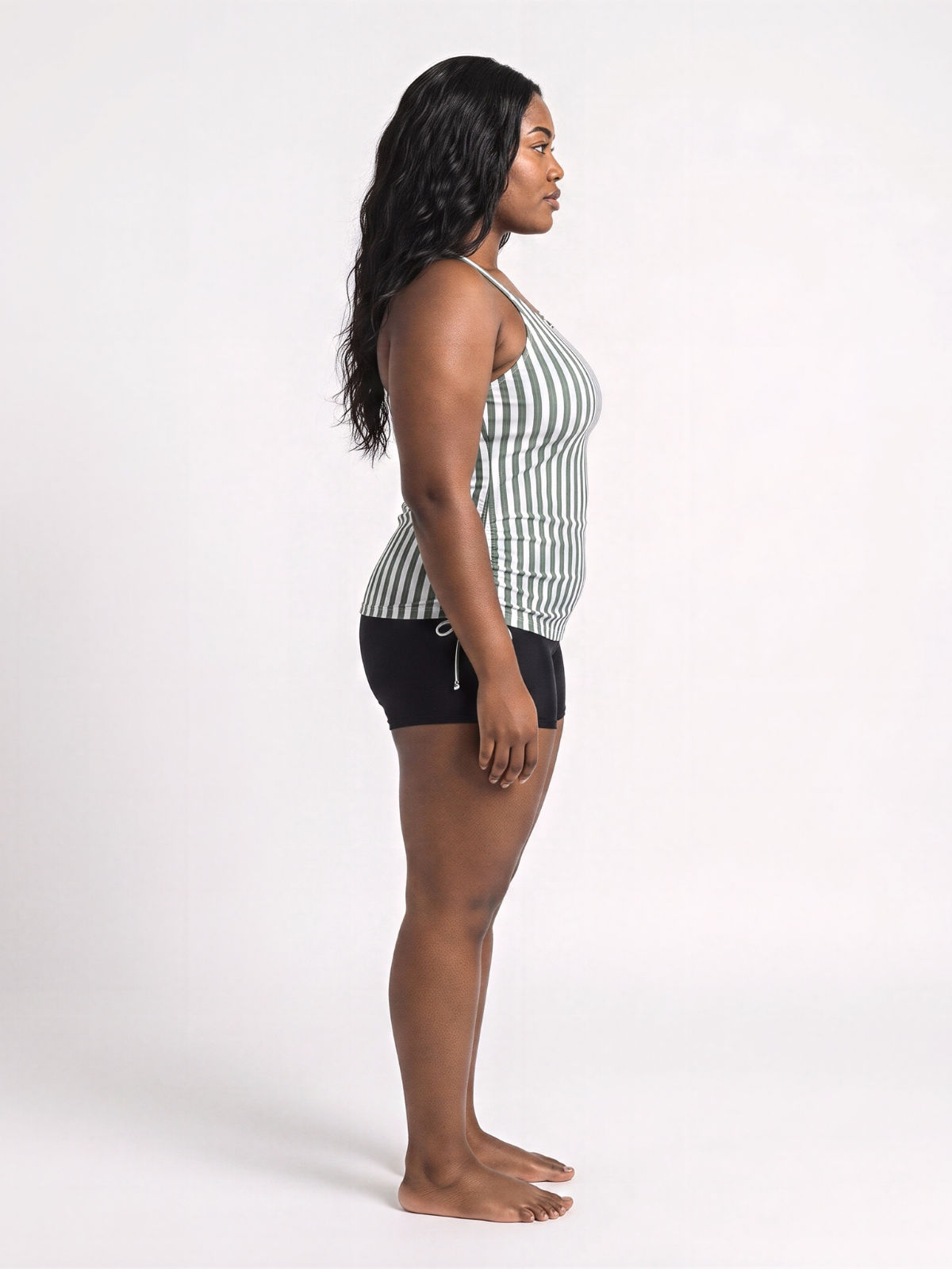 Maya Tankini Swim Top With Removable Cups | Plus Size modeled in profile, featuring a striped design and comfortable, supportive fit for size-inclusive swimwear.