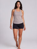 Maya Tankini Swim Top With Removable Cups modeled in a striped fitted silhouette with black swim shorts showcasing supportive comfortable swimwear for every body