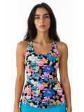 Maya Tankini Swim Top With Built-in Bra | Final Sale shown on a model in a colorful floral print with a supportive comfortable fit. Swimwear designed for every body.