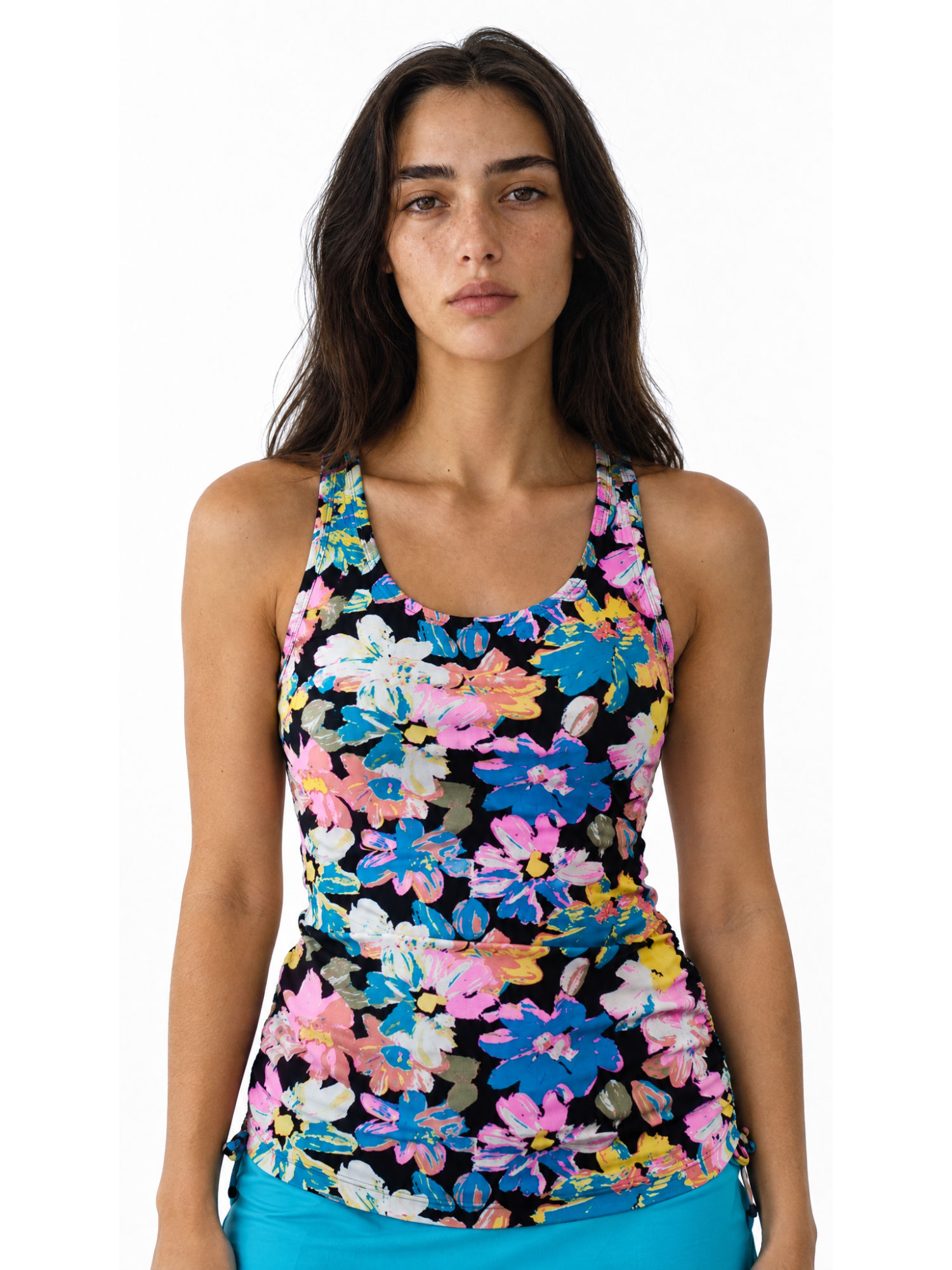 Maya Tankini Swim Top With Built-in Bra | Final Sale shown on a model in a colorful floral print with a supportive comfortable fit. Swimwear designed for every body.