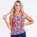 Maya Tankini Swim Top With Removable Cups | Final Sale colorful floral tankini top modeled by a woman for supportive swimwear and a comfortable fit for every body