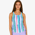 Maya Tankini Swim Top With Built-in Bra | Final Sale in multicolor stripes modeled on a woman with a supportive comfortable fit for every body