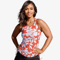 Maya Tankini Swim Top With Built-in Bra in coral and white floral print with adjustable side ties supportive comfortable swimwear for every body