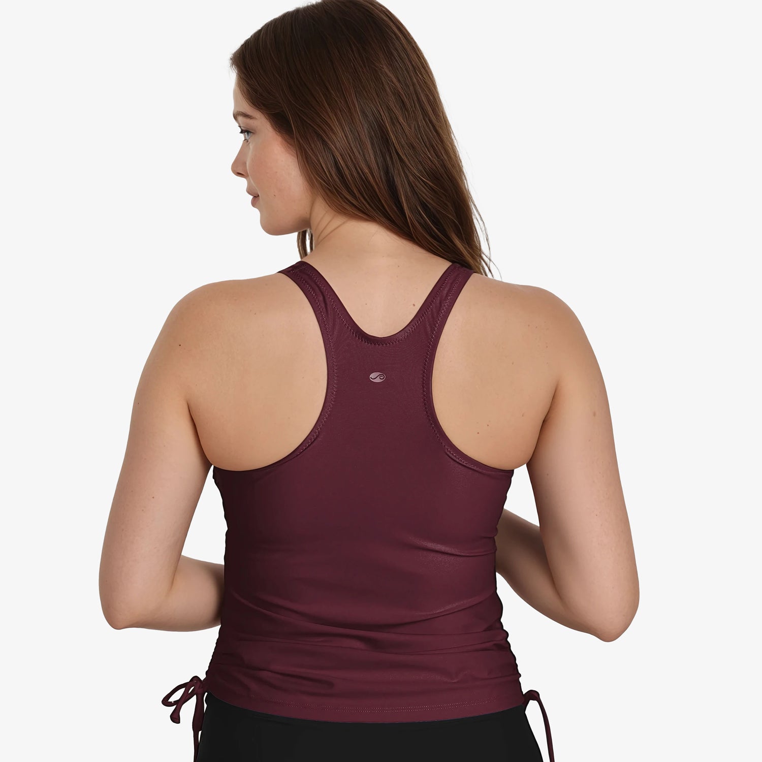 Maya Tankini Swim Top With Built-in Bra in burgundy shown from the back on a model featuring racerback styling and side ties for supportive comfortable swimwear