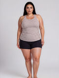 Maya Tankini Swim Top With Removable Cups | Plus Size modeled on a woman in a striped tankini top with black swim shorts for comfortable size-inclusive swimwear