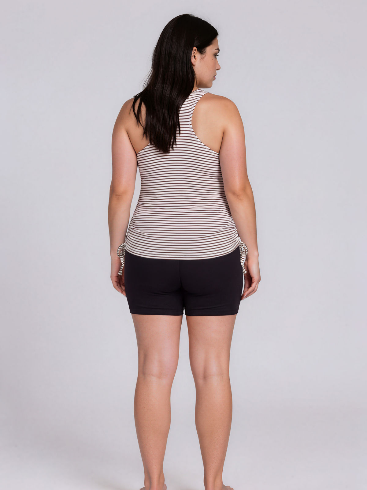 Maya Tankini Swim Top With Removable Cups | Plus Size shown from the back on a model in striped size-inclusive swimwear with a comfortable fit