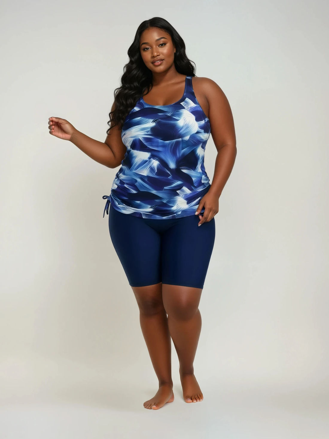 Maya Tankini With Built-in Bra & Navy Long Bike Swim Shorts | Plus Size Set