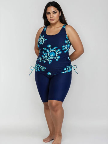 Maya Tankini With Removable Cups & Navy Long Bike Swim Shorts | Plus Size Set
