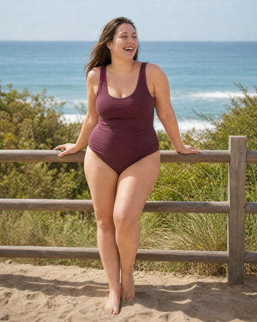 Mila One-Piece Swimsuit | Plus Size in burgundy, modeled by a smiling woman on a sandy beach, showcasing size-inclusive, modest, supportive swimwear with a comfortable fit