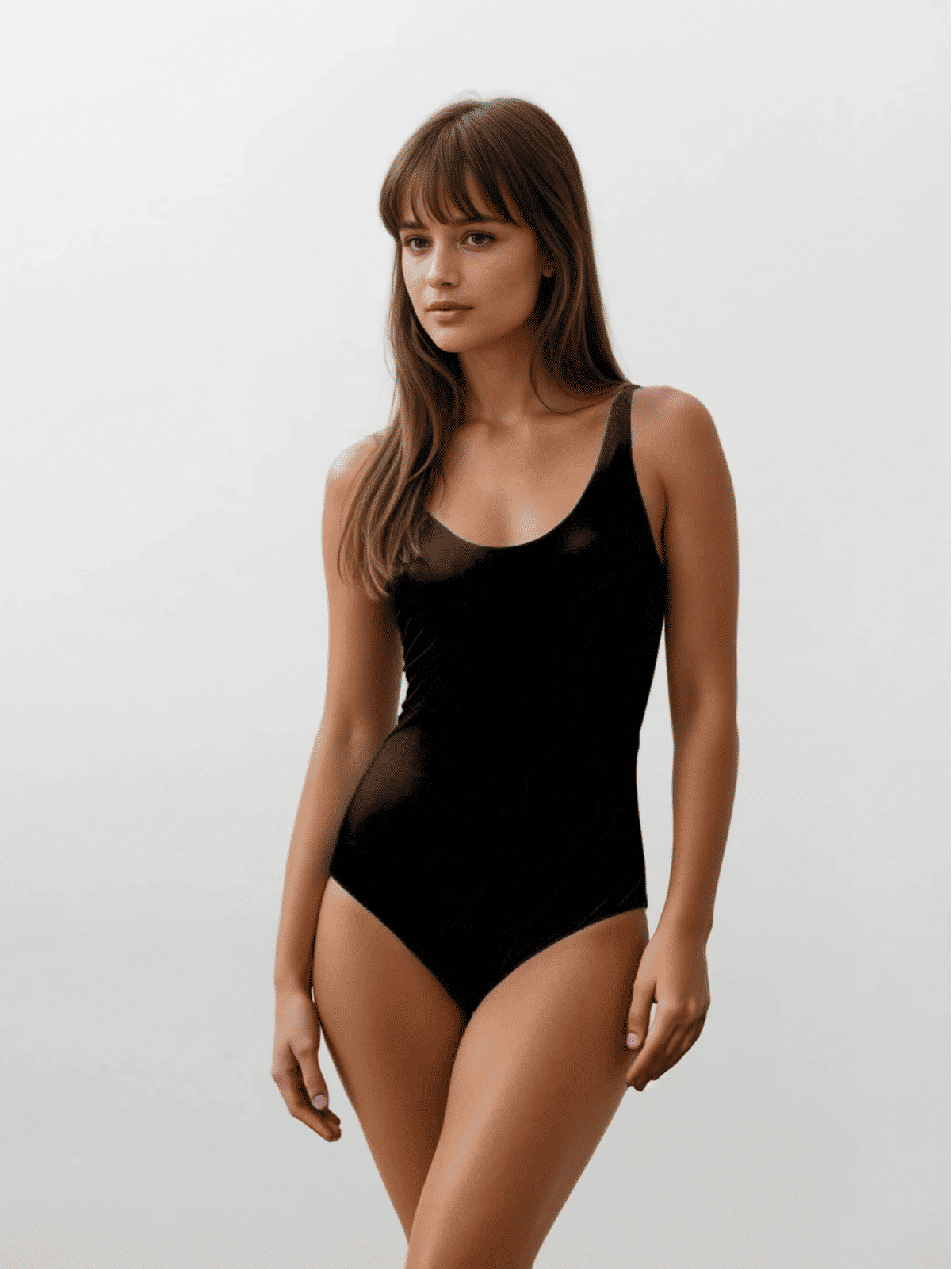 Woman wearing a black swimsuit against a white background