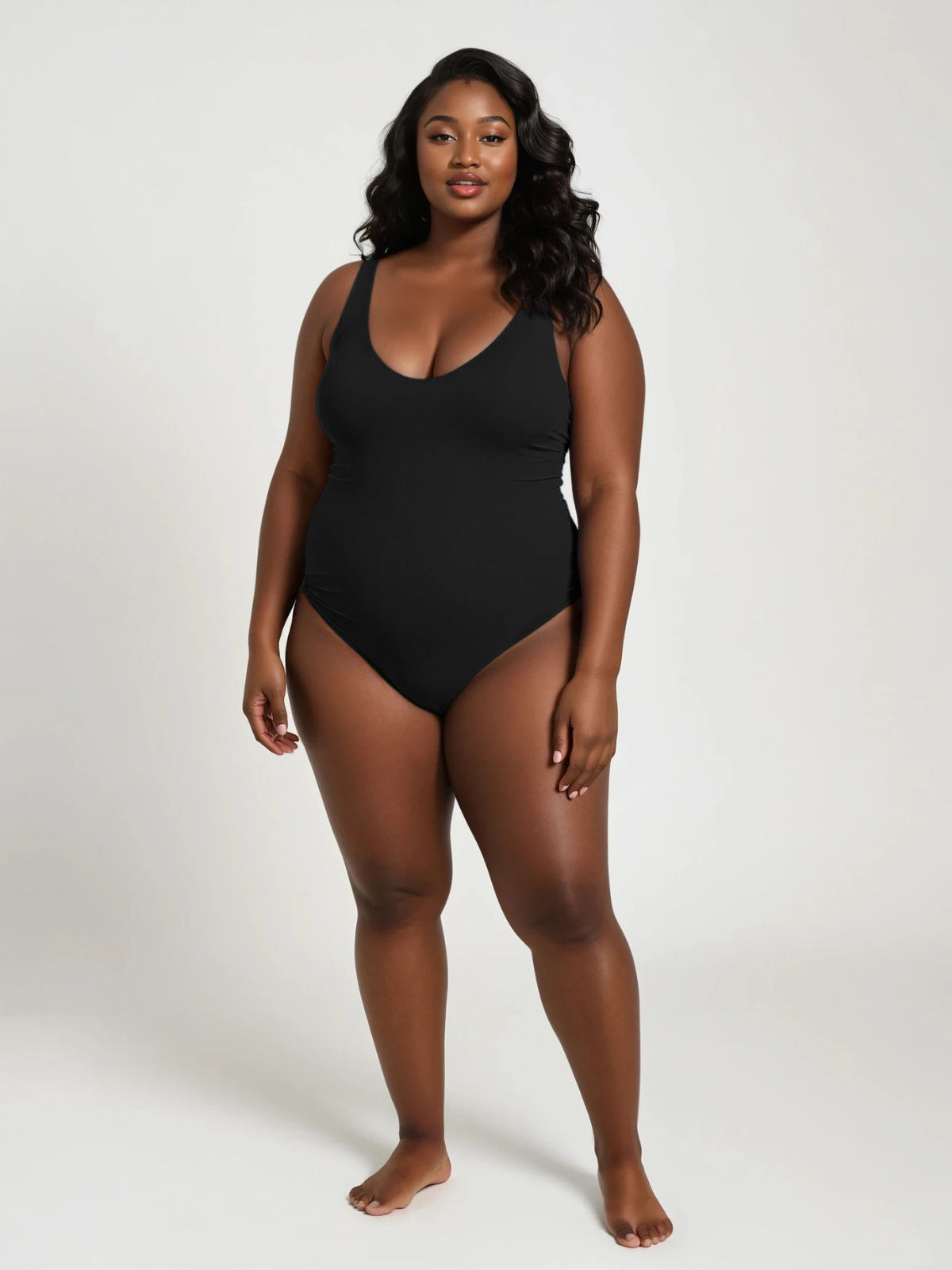 Woman wearing a black swimsuit against a white background