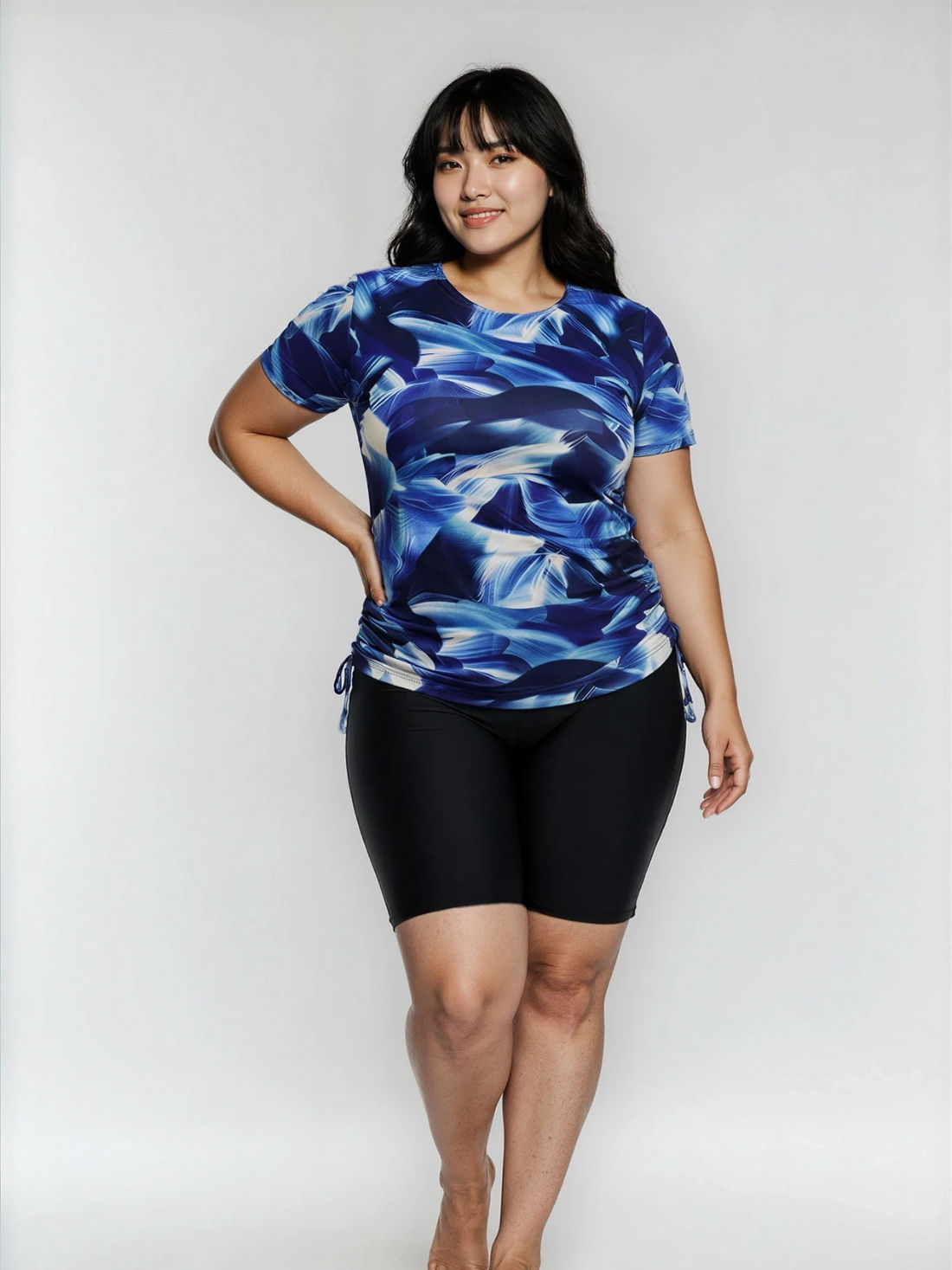 Short Sleeve Adele Swim Top & Black Long Bike Swim Shorts | Plus Size Set