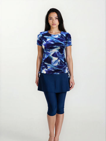 Short Sleeve Adele Swim Top & Navy Flared Swim Skort With Capri Leggings Set