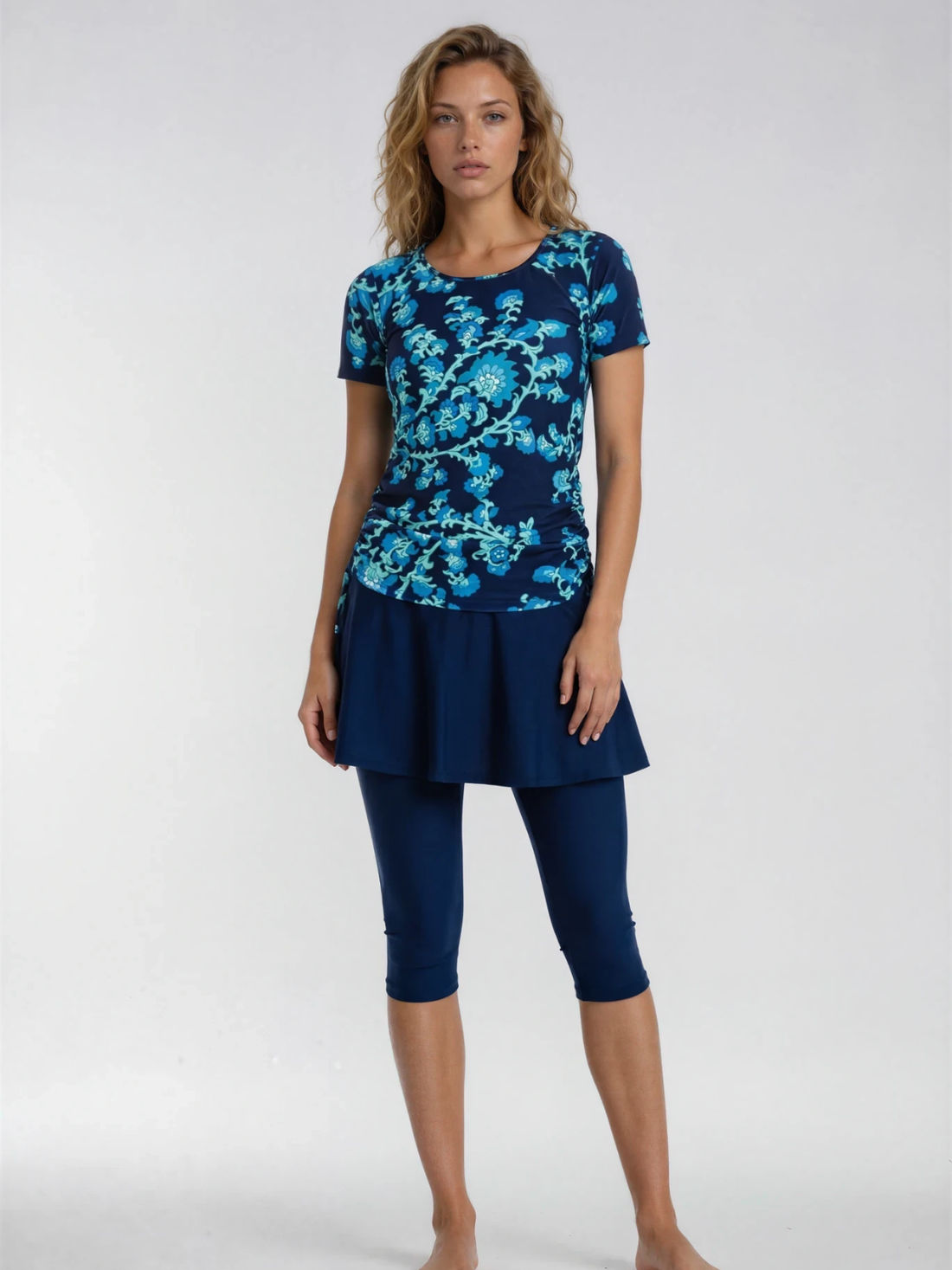 Short Sleeve Adele Swim Top & Navy Flared Swim Skort With Capri Leggings Set