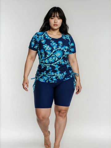 Short Sleeve Adele Swim Top & Navy Long Bike Swim Shorts | Plus Size Set