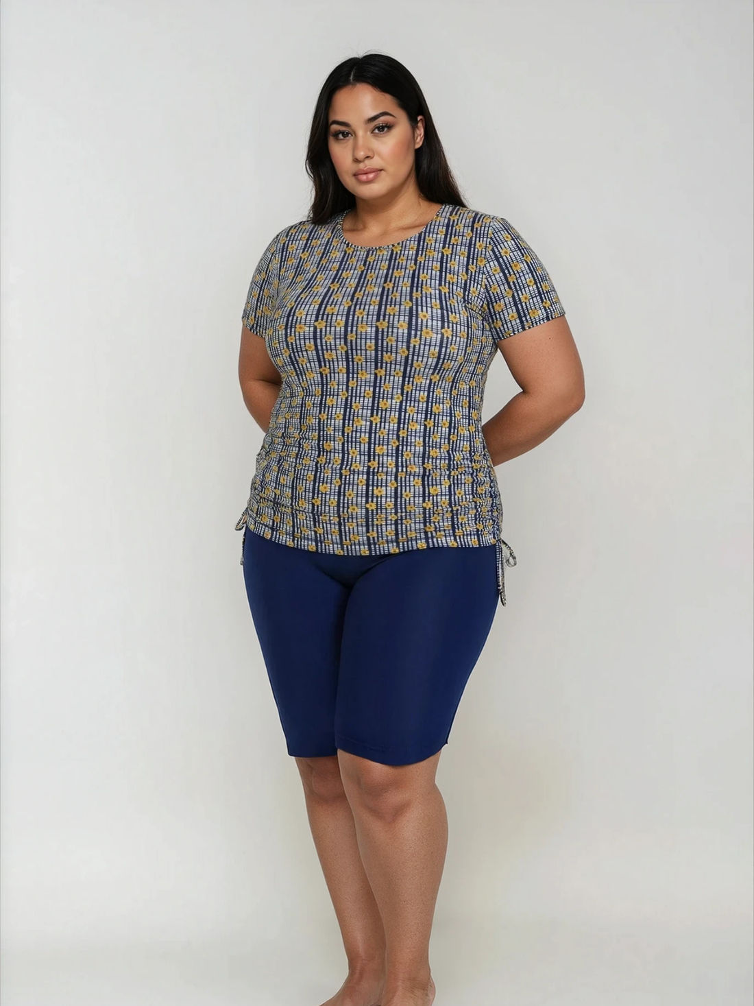 Short Sleeve Adele Swim Top & Navy Long Bike Swim Shorts | Plus Size Set