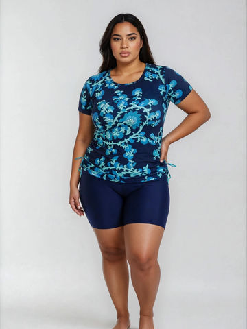 Short Sleeve Adele Swim Top & Navy Mid-Thigh Swim Shorts | Plus Size Set