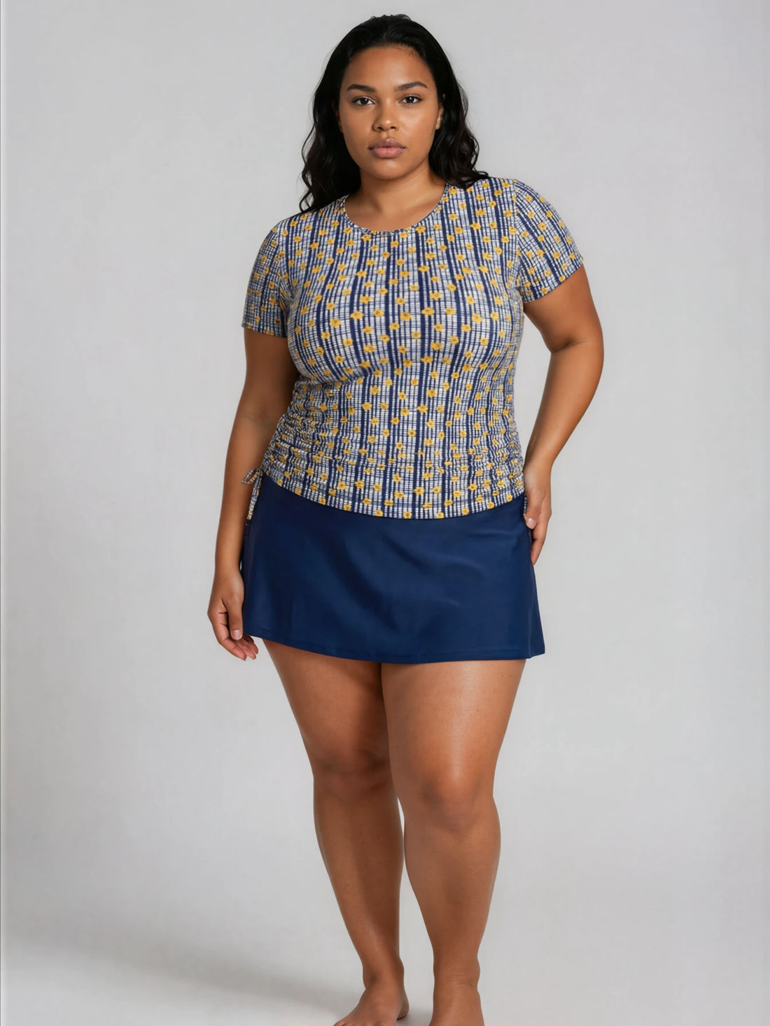 Short Sleeve Adele Swim Top & Navy Short Swim Skort With Shorts | Plus Size Set