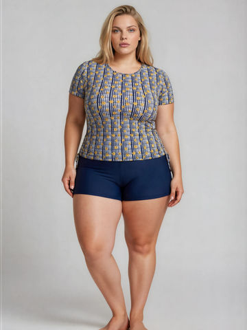 Short Sleeve Adele Swim Top & Navy Swim Shorts | Plus Size Set