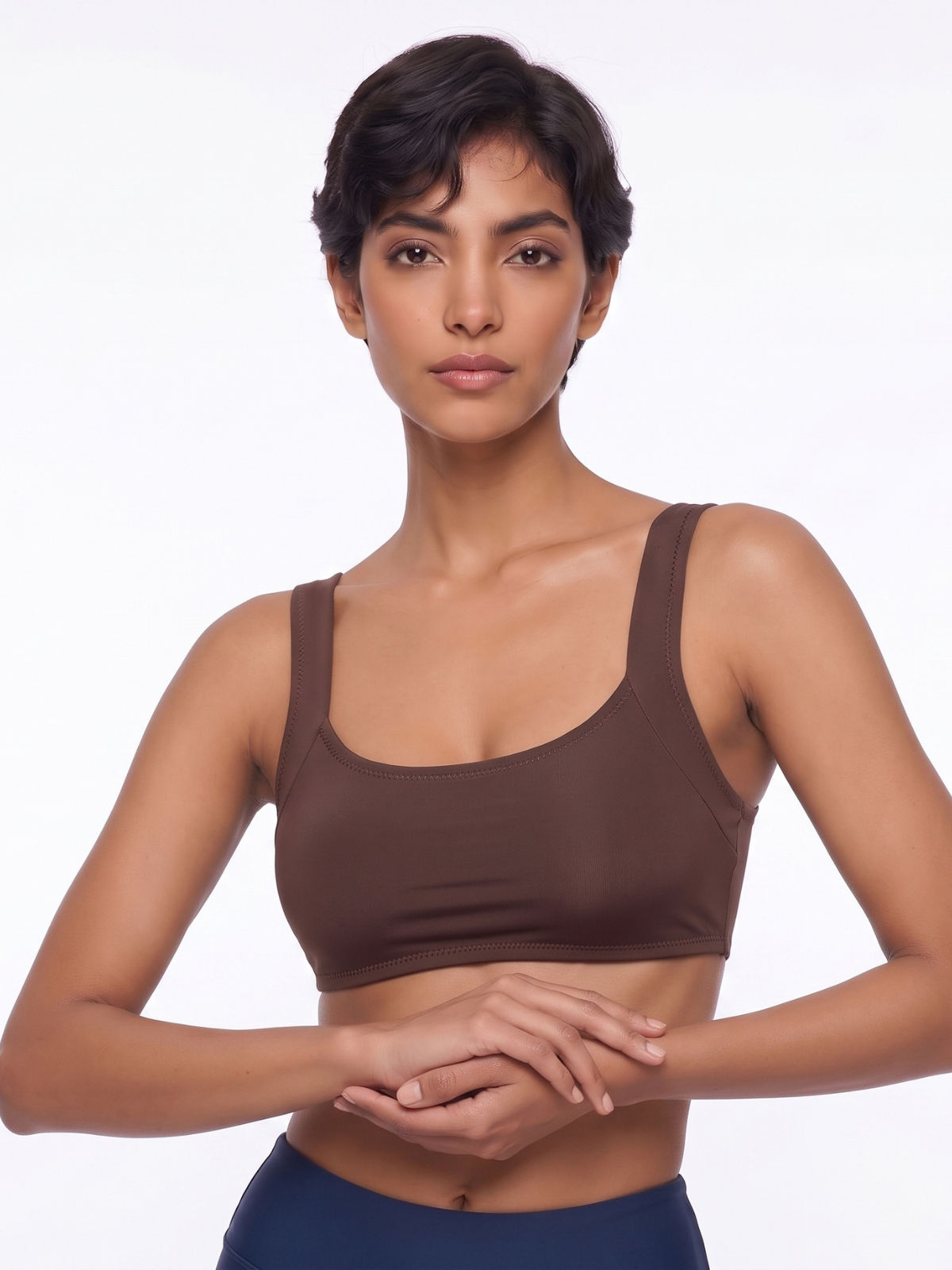 Sienna Swim Bra in brown worn by a model showcasing supportive swimwear with a comfortable fit and swimwear designed for every body